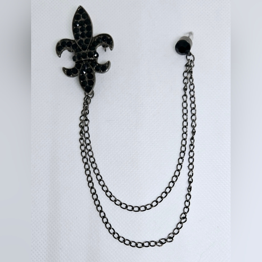 Black Rhinestone Fleur de Lis Double Chain Lapel Pin Gothic Brooch